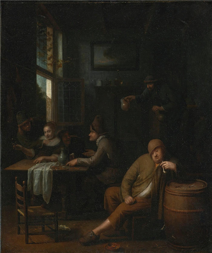 彼得·哈蒙斯. 维勒斯特（Pieter Harmensz. Verelst，荷兰，1618-1668）作品-酒馆内部，人物在桌边喝酒，一名男子在抽烟斗