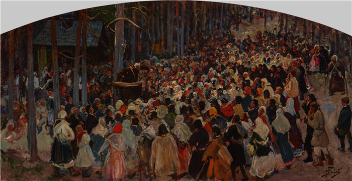 朱利安·法拉特(Julian Falat,波兰,1853-1929) 作品-卡尔瓦利亚教堂博览会上的布道(1906年)