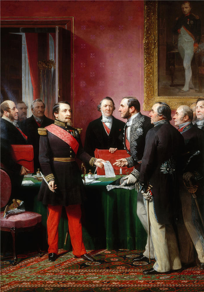 阿道夫·伊冯（Adolphe Yvon,法国）高清作品-拿破仑三世向豪斯曼男爵颁布了吞并边界公社的法令（1859年2月16日）。（1865年）