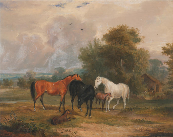 弗朗西斯·卡尔克拉夫·特纳（Francis Calcraft Turner）高清作品-马放牧；田野里的母马和小马（1830）