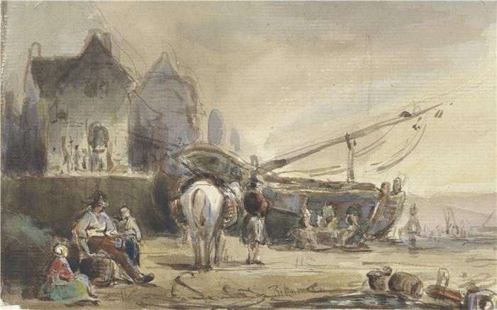 赫尔曼·弗雷德里克·卡尔·丹·凯特（Herman Frederik Carel Ten Kate）作品-有船和渔民的海滩风景（1832-1891）
