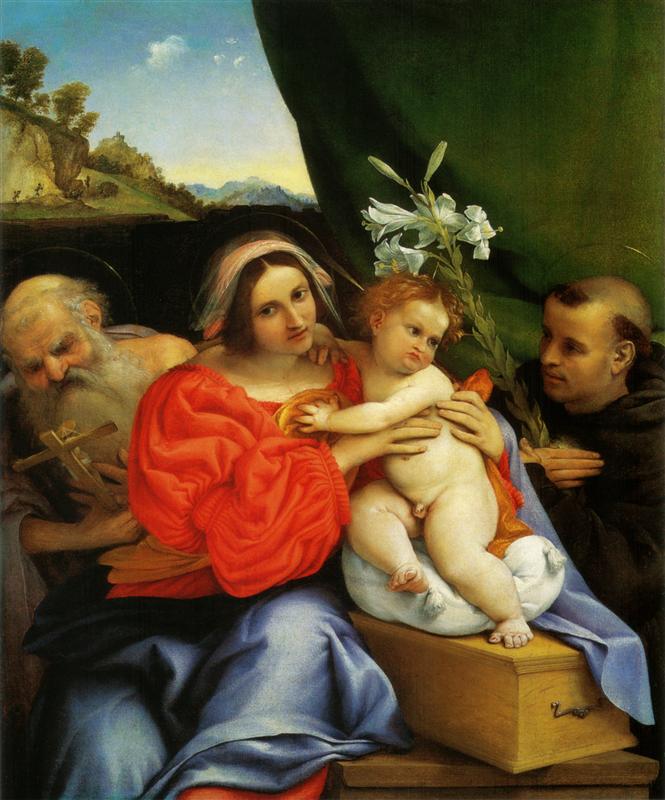 洛伦佐·洛托(Lorenzo Lotto)作品-圣母与圣子托伦蒂诺的杰罗姆和尼古拉斯