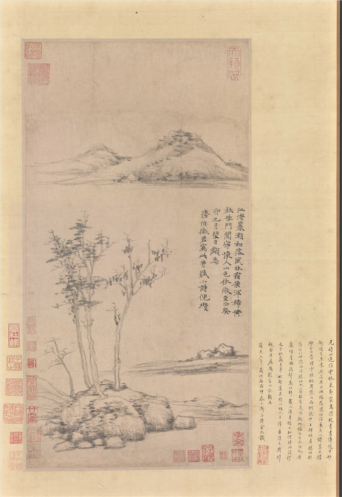 元 倪瓒 《江渚风林图轴》高清下载  59.1X31.1cm 大都会