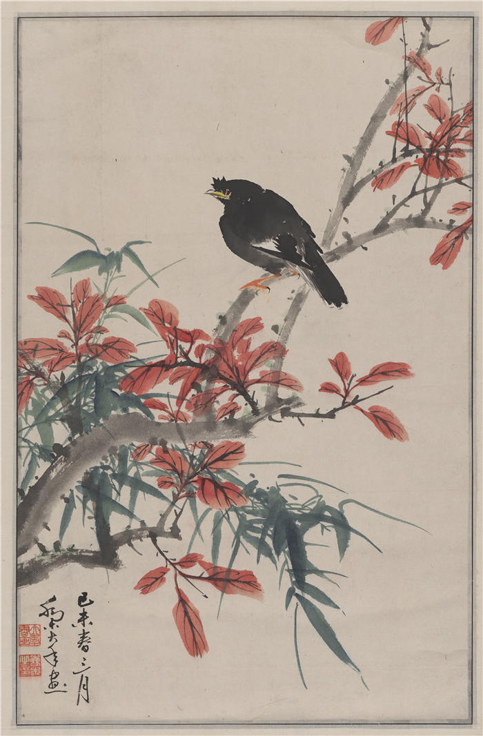 乔木-《红枫小鸟图轴》高清作品