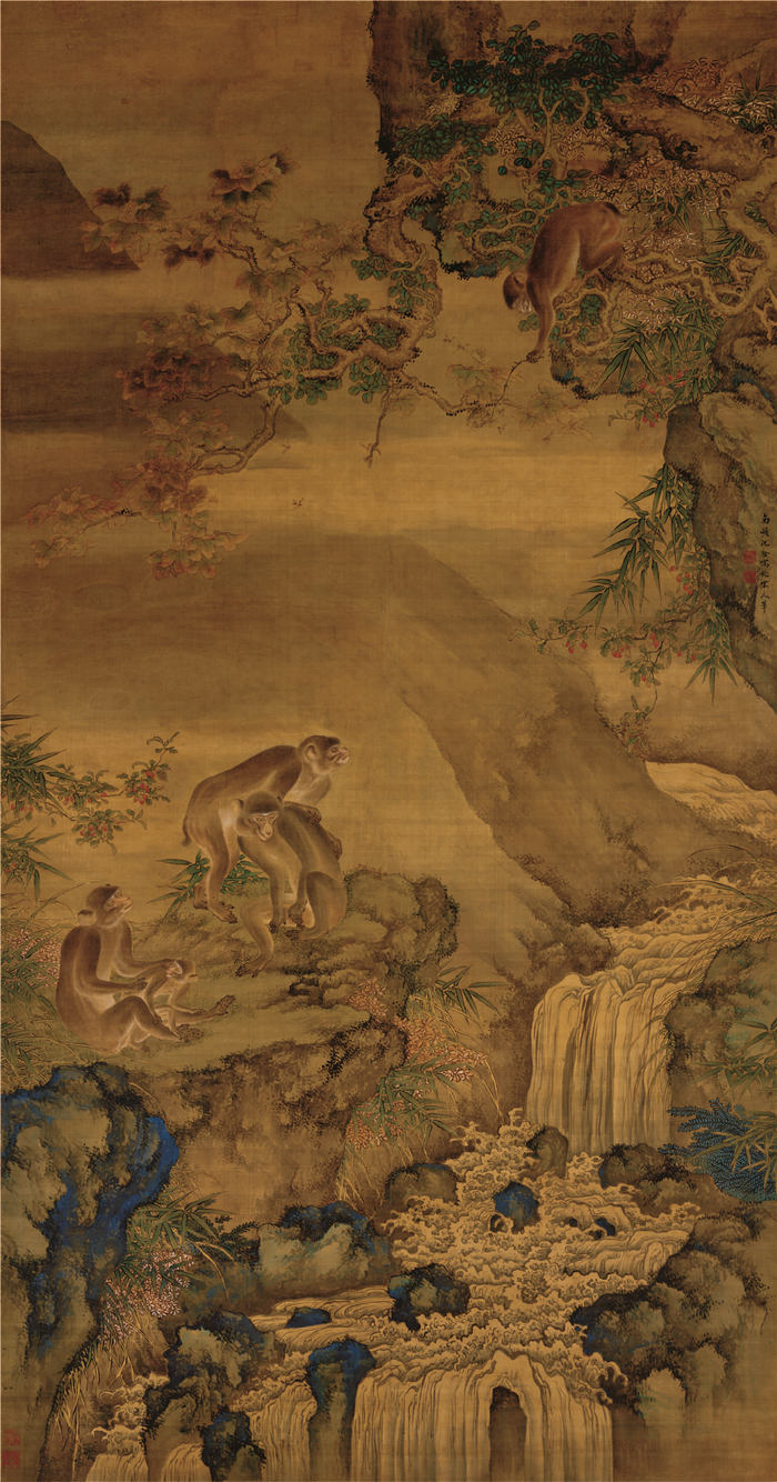 清 沈诠 《蜂猴图》绢本作品高清下载 184x96.6