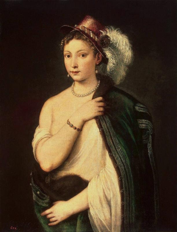 <a href=https://www.kuhw.com/e/tags/?tagid=1078 target=_blank class=infotextkey>提香</a>（ Titian）作品欣赏-一个戴羽毛帽的年轻女子的肖像