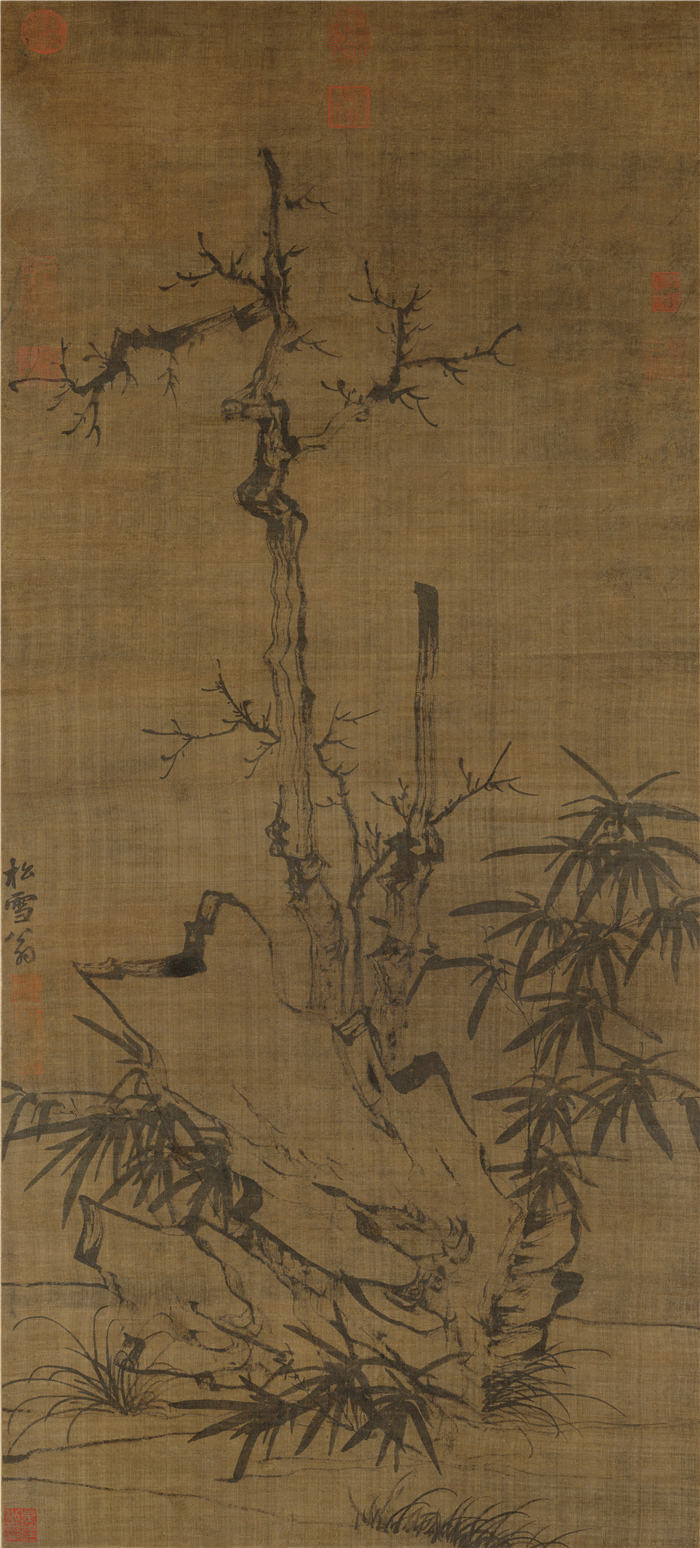 元 赵孟頫 《古木竹石图轴》绢本高清作品 108.2x48.8