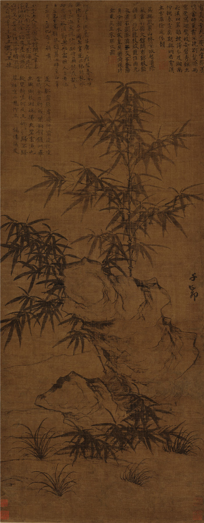 元 赵孟頫 《竹石图轴》绢本高清作品 113x44.7