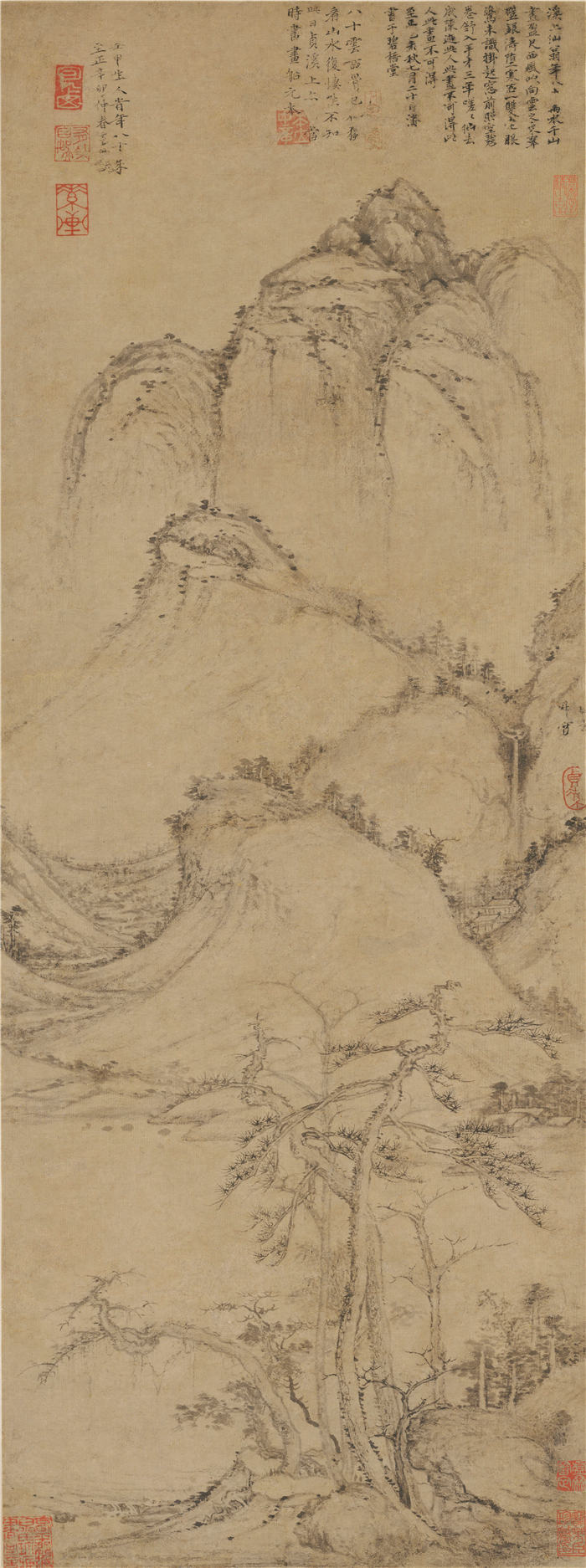 元 曹知白 《疏松幽岫图轴》高清作品 74.5x27.8