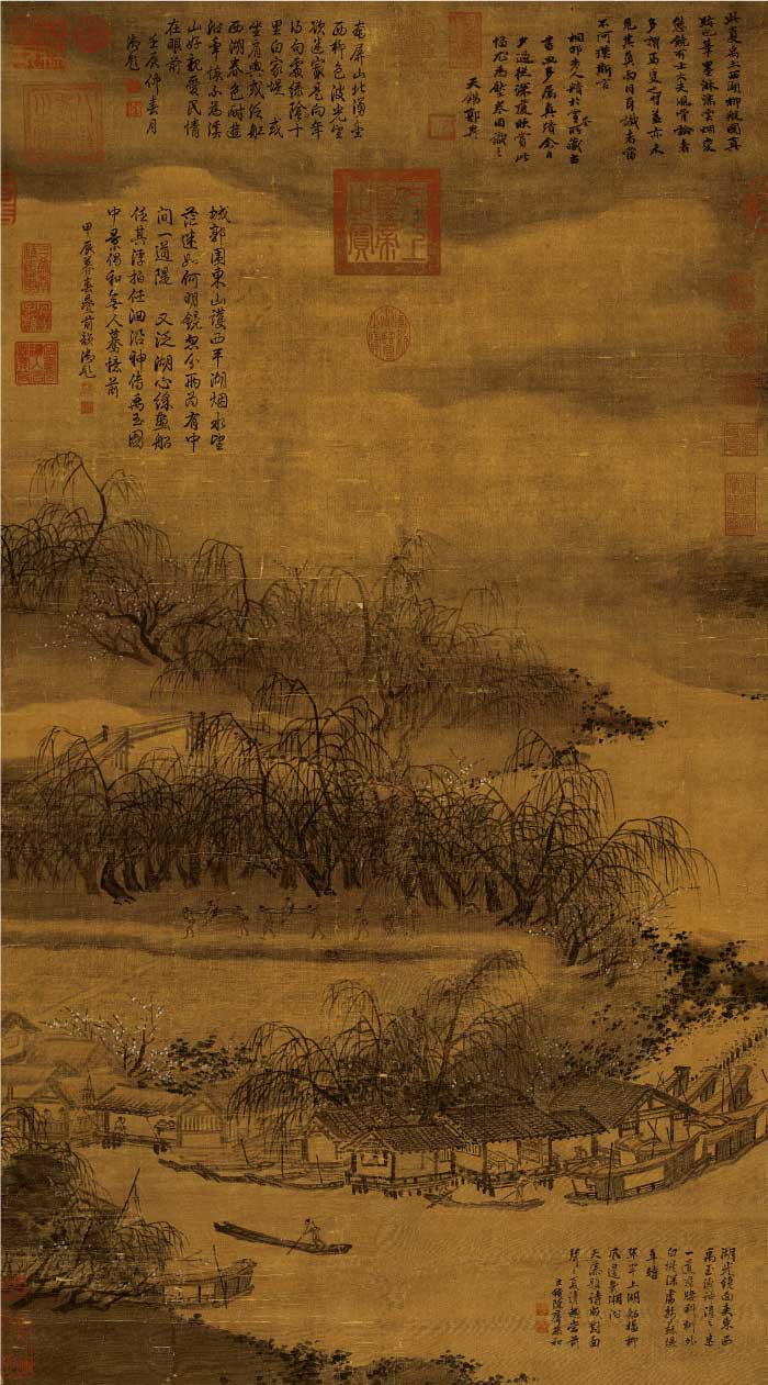 宋-夏圭-《西湖柳艇图》-绢本高清作品 107.2x59.3