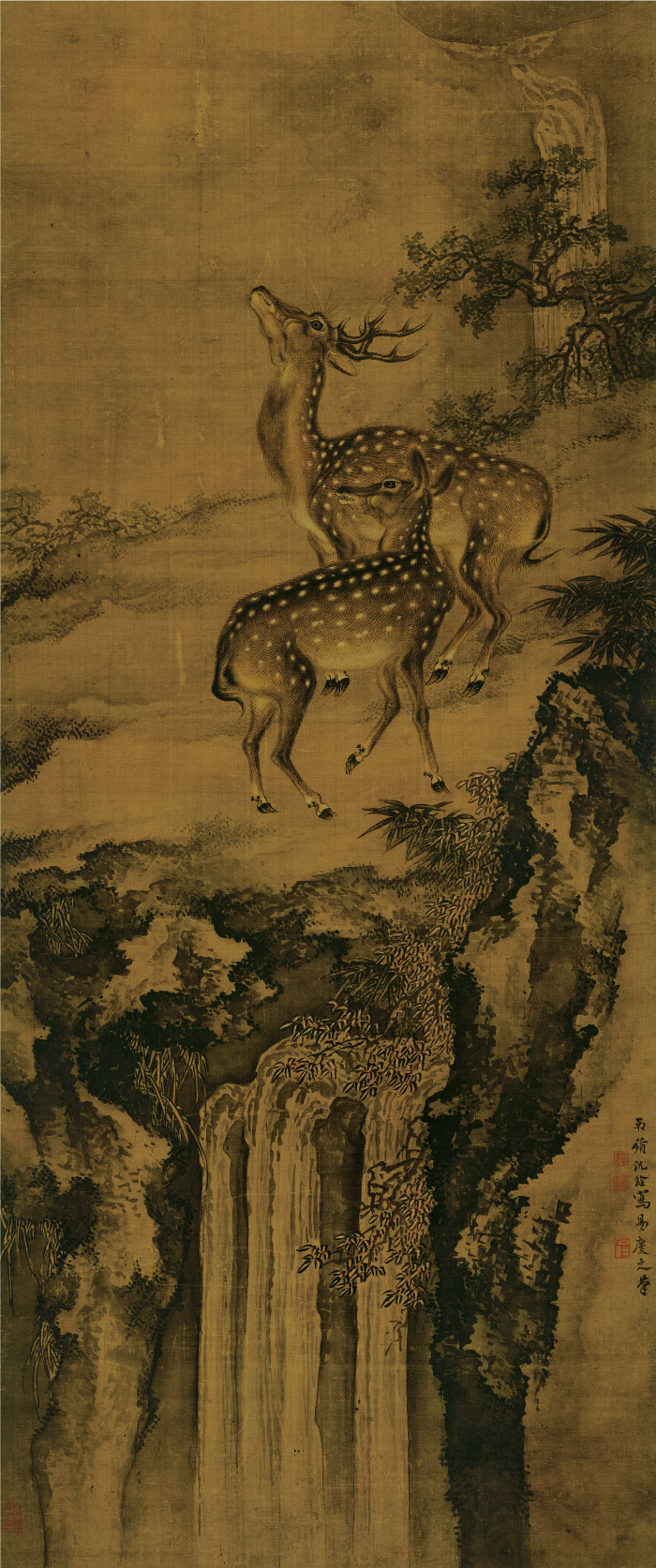 清 沈铨 《双鹿图》绢本高清作品 -117×49