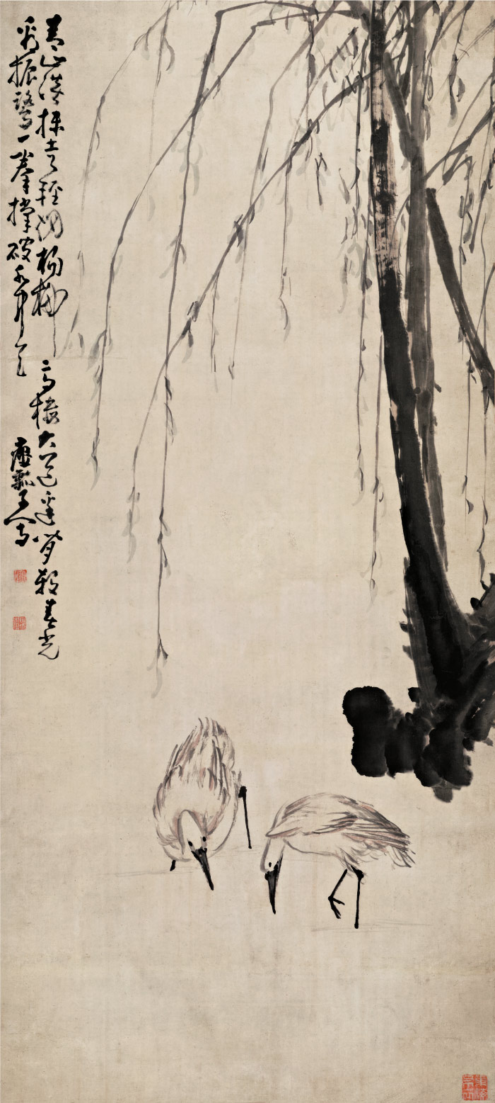 清 黄慎 《柳塘双鹭图》纸本高清作品 139x62.5