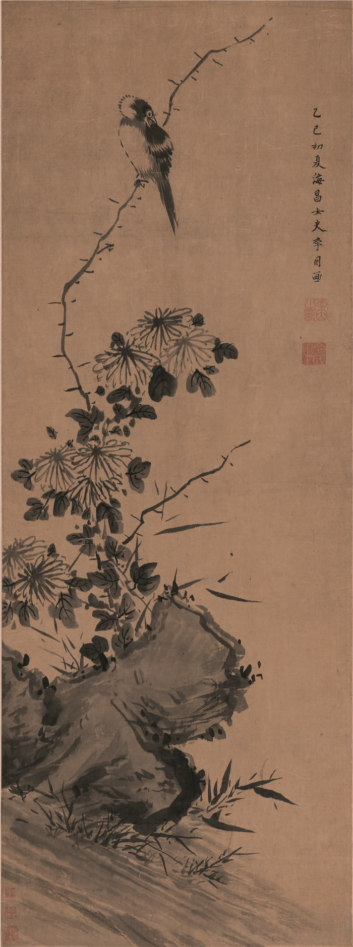 清 李因 《菊石鸣禽图》高清作品 129X48