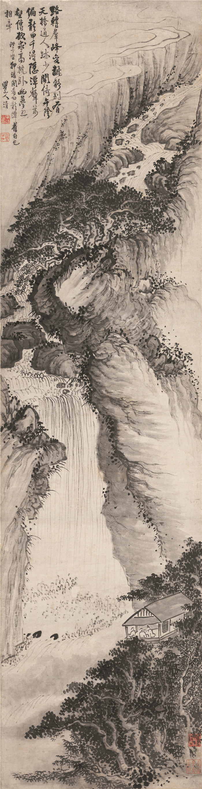 清 梅清-《龙潭听瀑图》高清作品 189X48