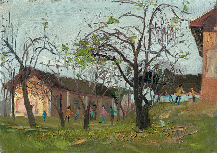 涂克 《山村学校》高清油画作品