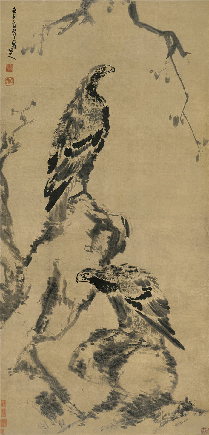 清 朱耷 《古木双鹰图》 纸本高清作品  168x80