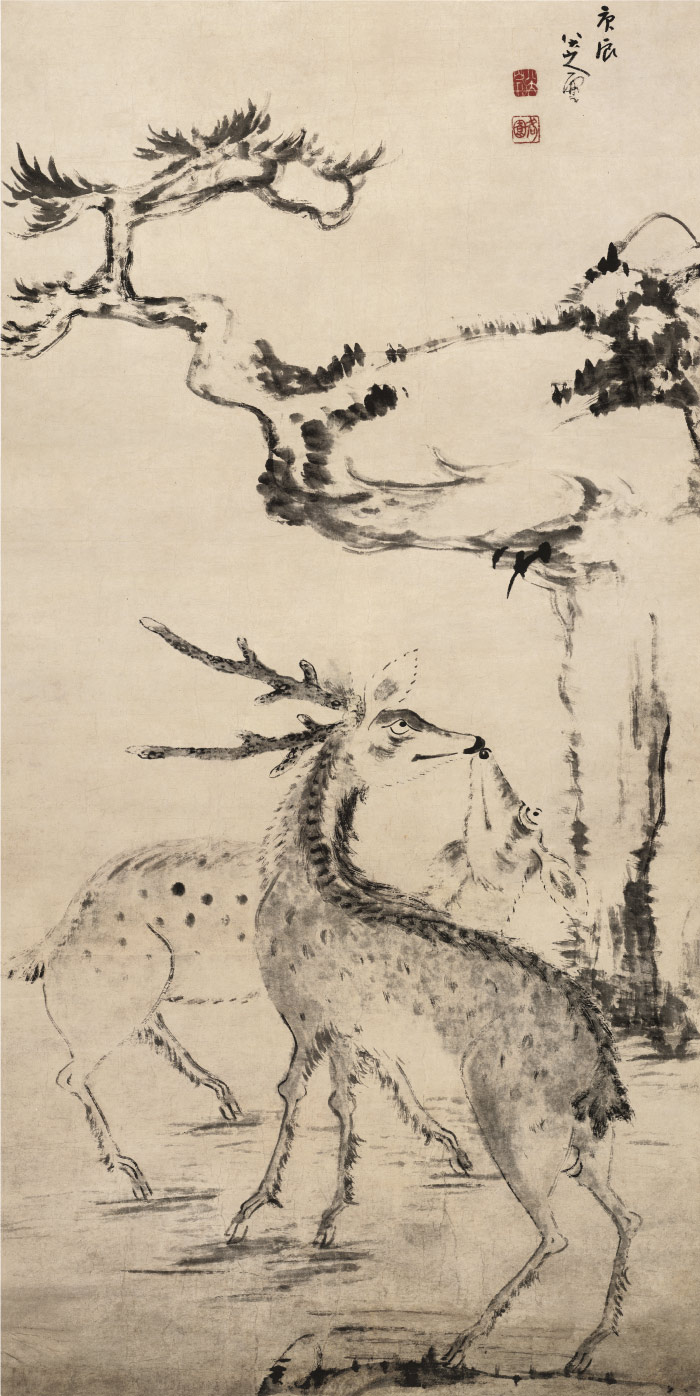 清 朱耷 《松树双鹿图》纸本高清作品 182x91.4