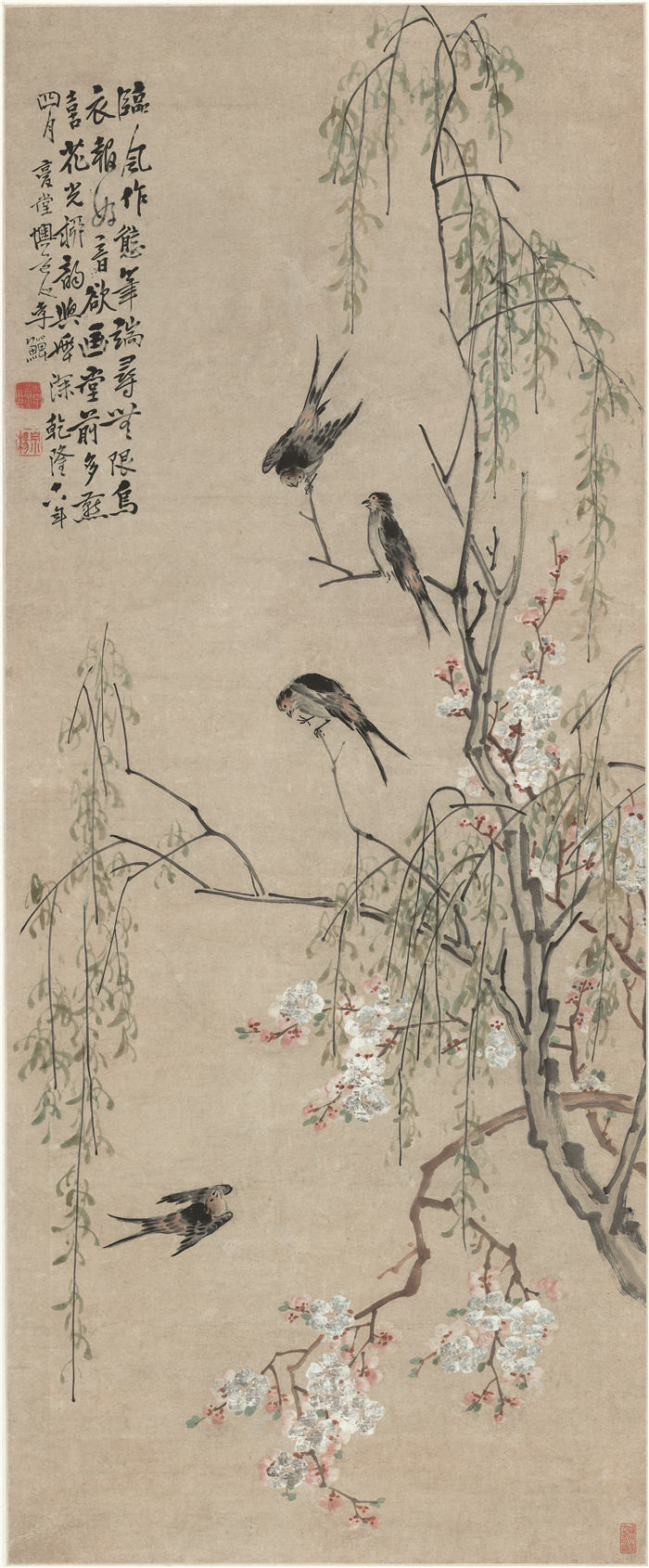清 李禅(李鱓) 《桃花柳燕图》 纸本高清作品 51.9x125.4