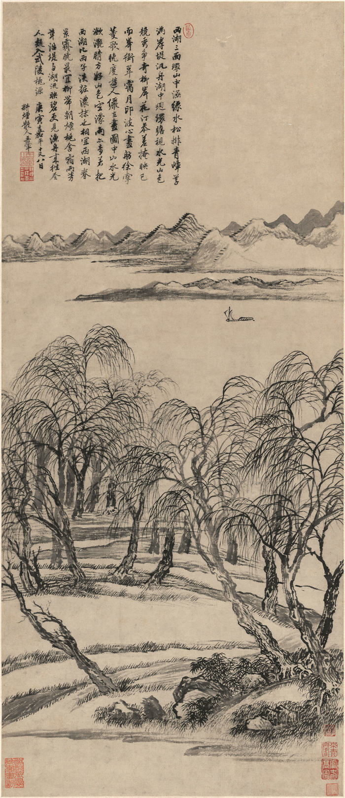 清-王翚 《柳岸江洲图》 纸本高清作品  41.4x95.7