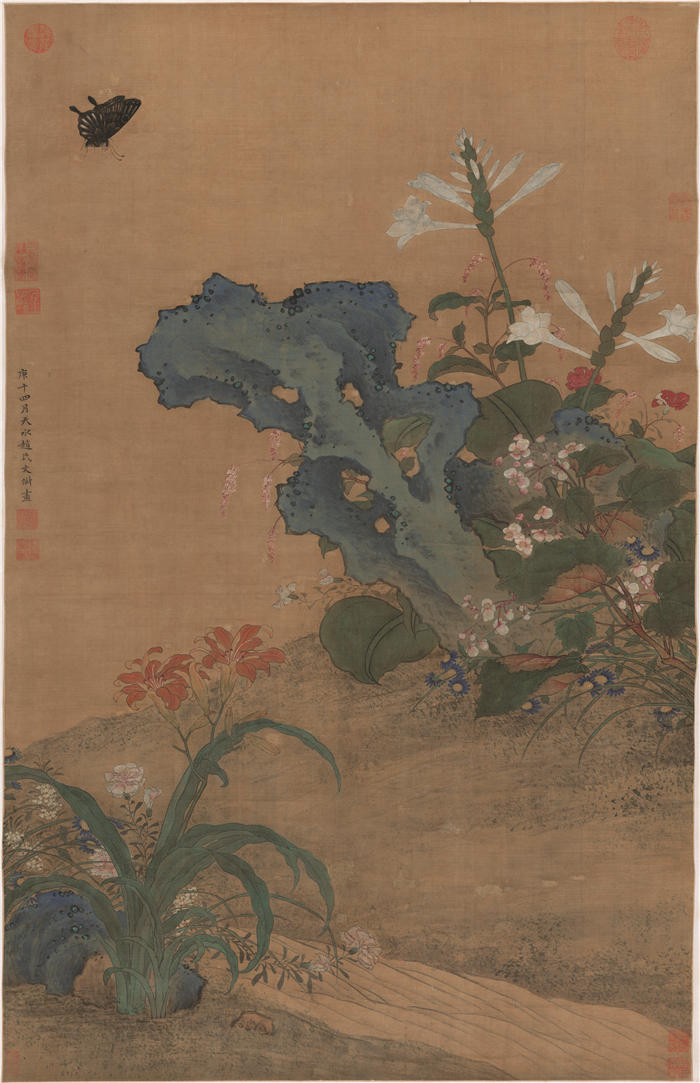 明 女画家 文俶 《秋花蛱蝶图》 绢本高清作品 66.1x102.3