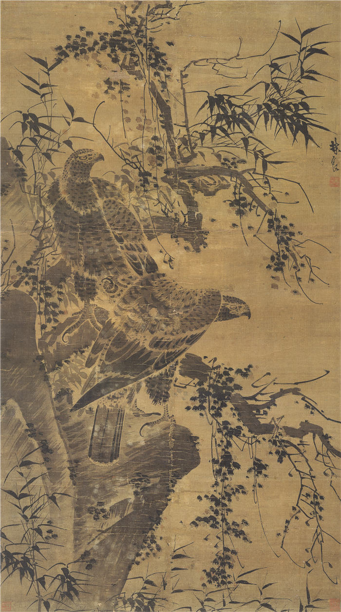 明 林良 《双鹰图》 绢本高清作品 66.8x120