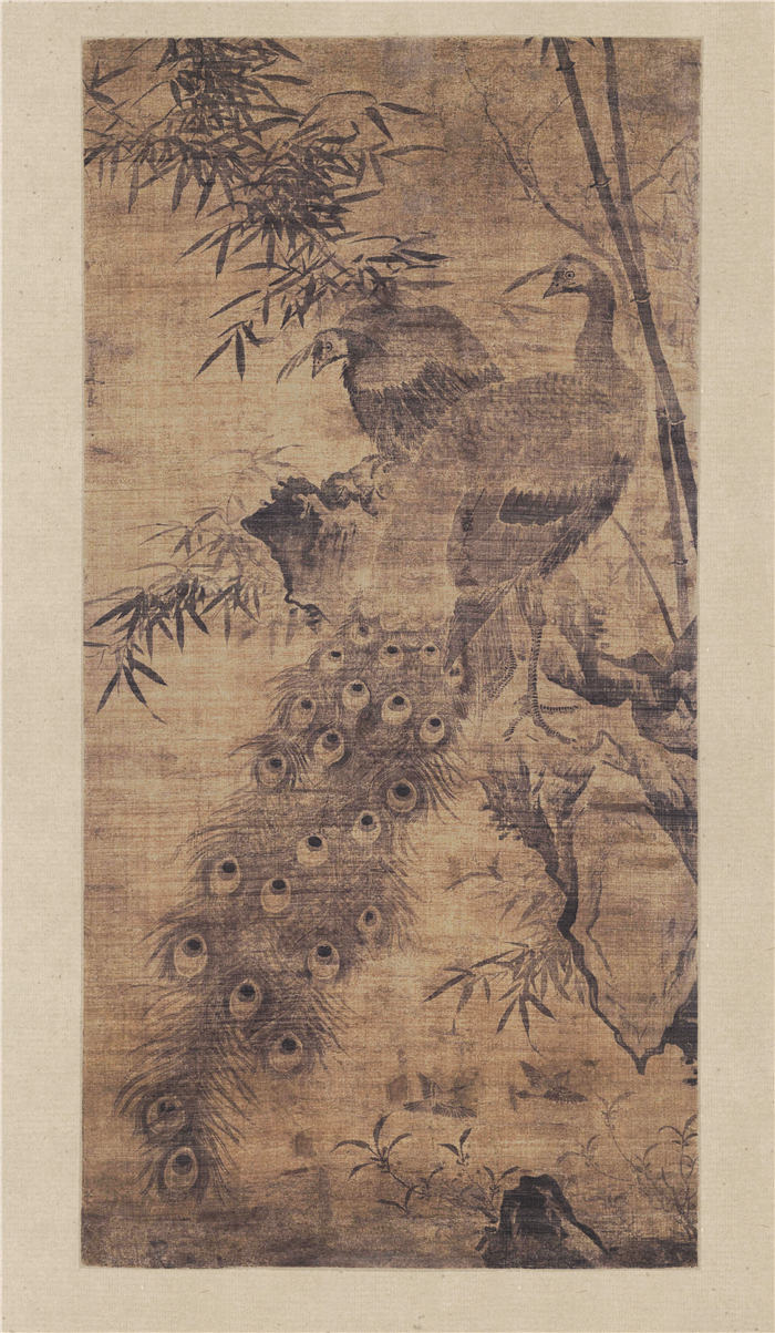 明 林良 《孔雀图轴》绢本高清作品 155.3x78