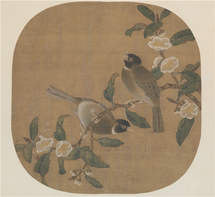 明 佚名 《花卉双禽》图页高清作品  39x43 故宫博物院
