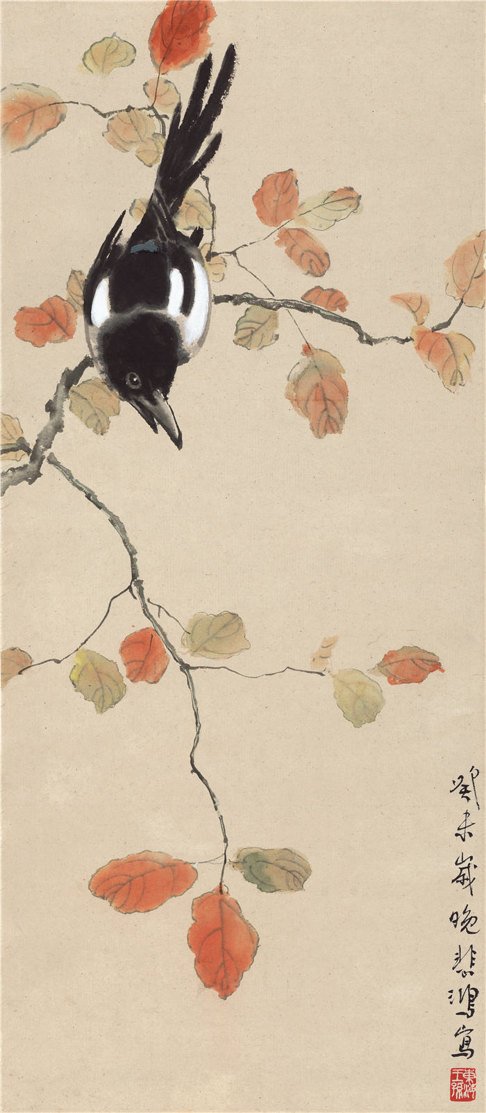 近现代 徐悲鸿-《晚秋喜鹊图》 纸本高清作品 30.7x70.5