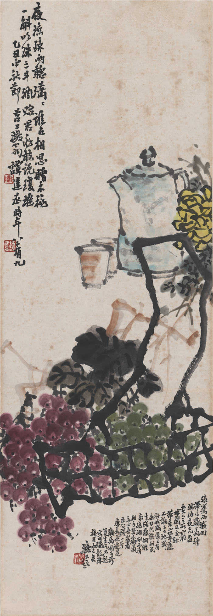 谭建丞-《菊花图轴》高清作品  98X34