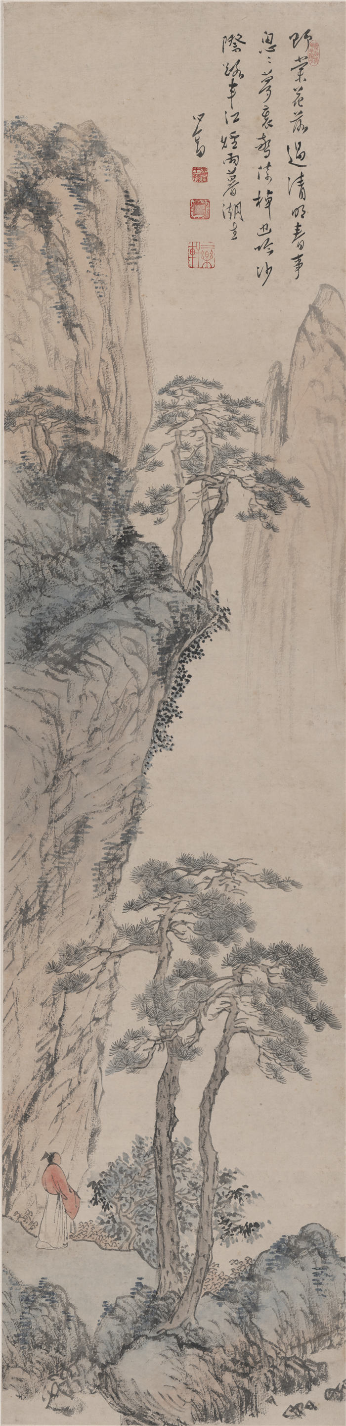 傅儒-《松树人物图轴》高清作品  130X31
