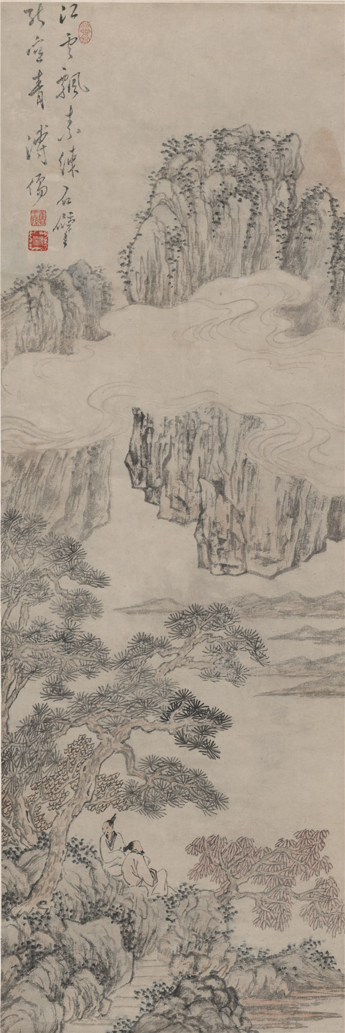 傅儒-《松树人物图轴》高清作品  96X32