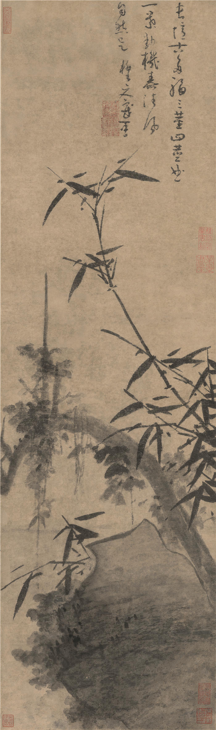 元 吴镇 《多福图》纸本高清作品 96x28,5