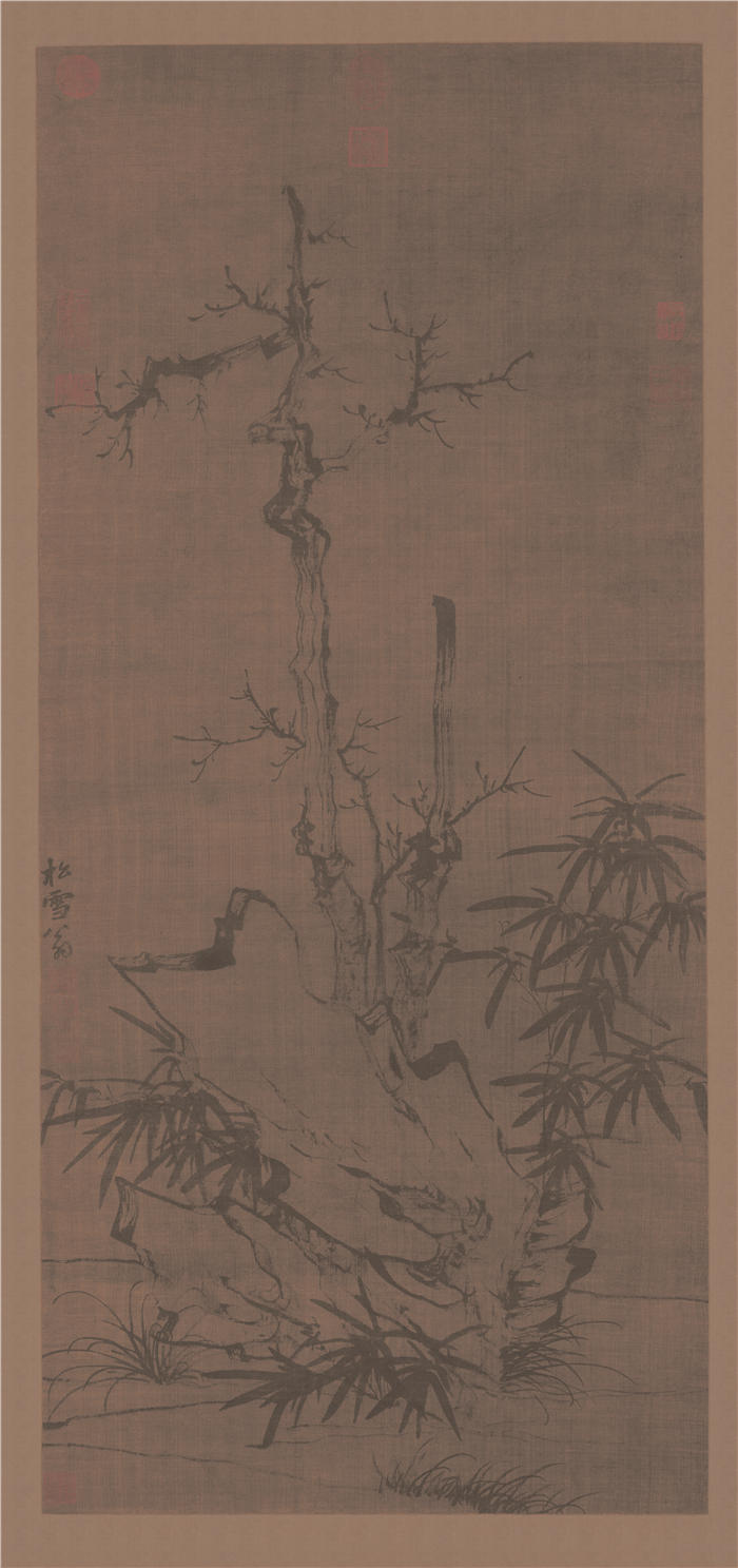 元 赵孟頫 《枯木竹石图轴》绢本高清作品 108.2x48.8