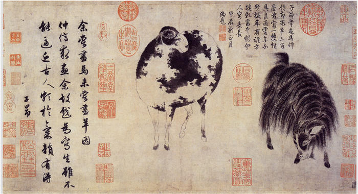 元 赵孟頫 《二羊图》纸本  25.2x48.4