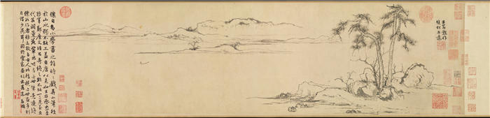 元 赵孟頫 《双松平远图》高清作品 26.8x107.5cm