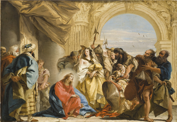 乔瓦尼·巴蒂斯塔·提埃波罗,Giovanni Domenico Tiepolo - Christ and the Woman taken in Adultery高清作品