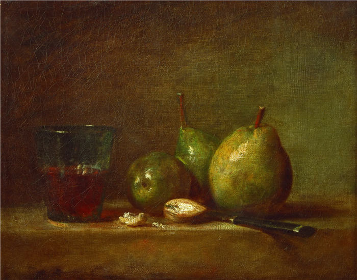 让-西蒙·夏尔丹（Jean-Siméon Chardin）油画高清作品20-梨,核桃和一杯葡萄酒
