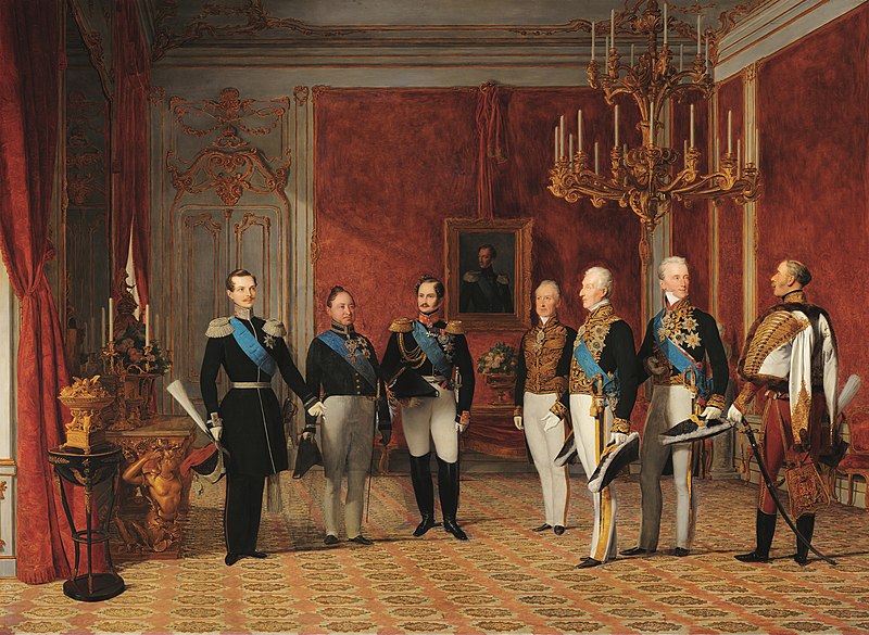 费迪南德·乔治·沃尔德米勒(Ferdinand Georg Waldmuller,奥地利画家)作品-1829年梅特涅亲王在维也纳霍夫堡接待亚历山大·尼古拉耶维奇大公(超清)