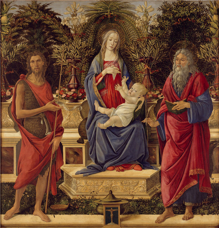 桑德罗·波提切利（Sandro Botticelli，意大利画家）作品-《麦当娜·巴迪，左边是十字架约翰，右边是约翰·博戈斯（1484）》