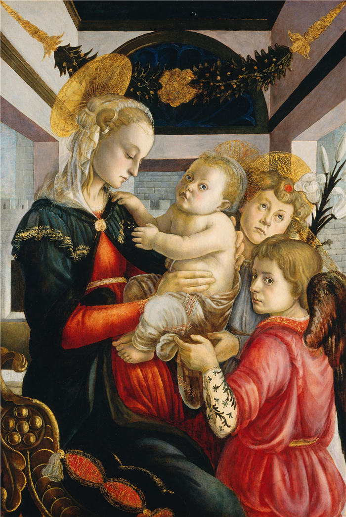 桑德罗·波提切利（Sandro Botticelli，意大利画家）作品-《麦当娜与孩子+两个天使（约1460-1465）》