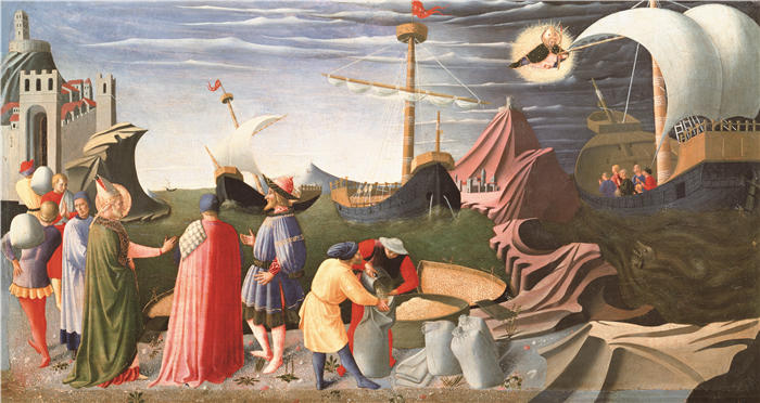 弗拉·安杰利科（Fra Angelico，意大利）-安吉利科-0075823佩鲁贾三联画·圣尼古拉斯迎接外邦信使的帆船