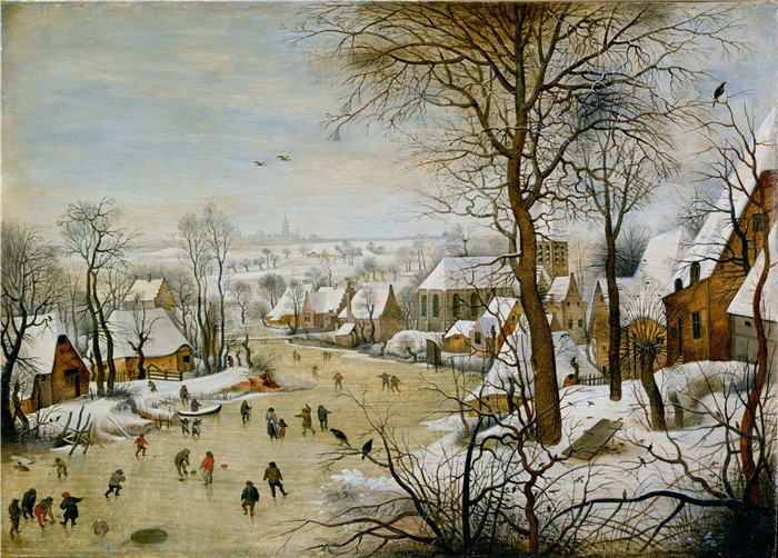 小彼得·勃鲁盖尔(Pieter Brueghel the Younger)超清清作品-《带有捕鸟器的冬季景观》(013)