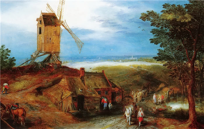 小彼得·勃鲁盖尔（Pieter Brueghel the Younger）超清清作品-乡村里风车和马车（099）