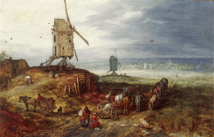老彼得·勃鲁盖尔（Bruegel Pieter，荷兰）超清作品-《乡村里的风车和马》（083）