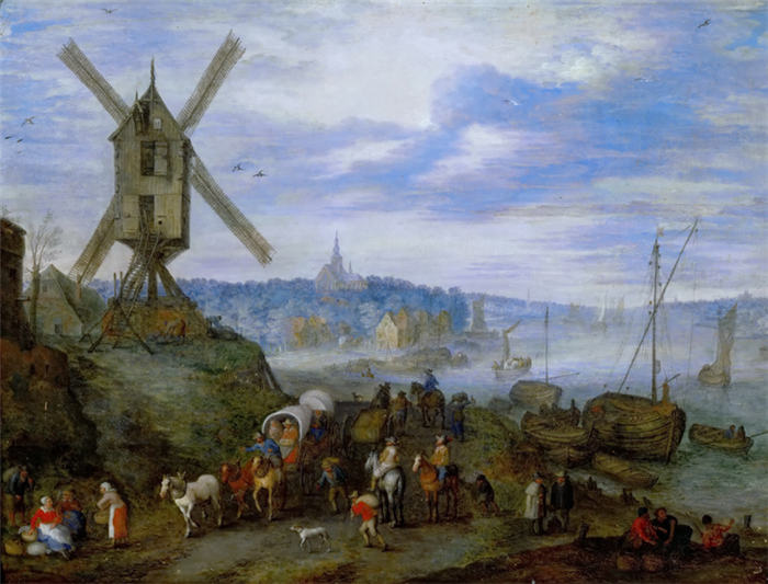 老彼得·勃鲁盖尔（Bruegel Pieter，荷兰）超清作品-《港口的风车和行人》（097）