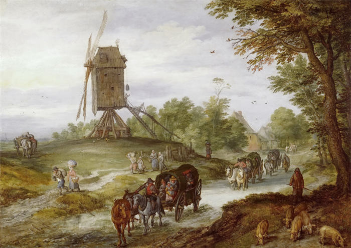 老彼得·勃鲁盖尔（Bruegel Pieter，荷兰）超清作品-《风车和马车》（081）