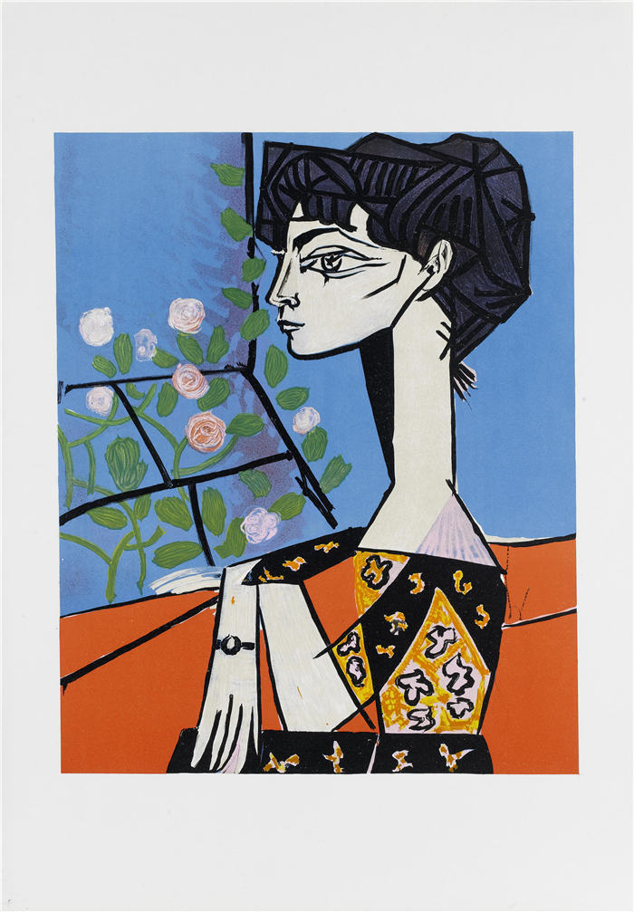 巴勃罗·毕加索(Pablo Picasso)高清作品下载-《杰奎琳和鲜花》(058)
