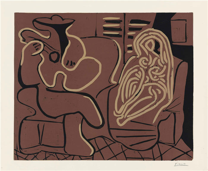·毕加索(Pablo Picasso)高清作品下载-《坐在扶手椅上的女人和吉他手》(072)巴勃罗