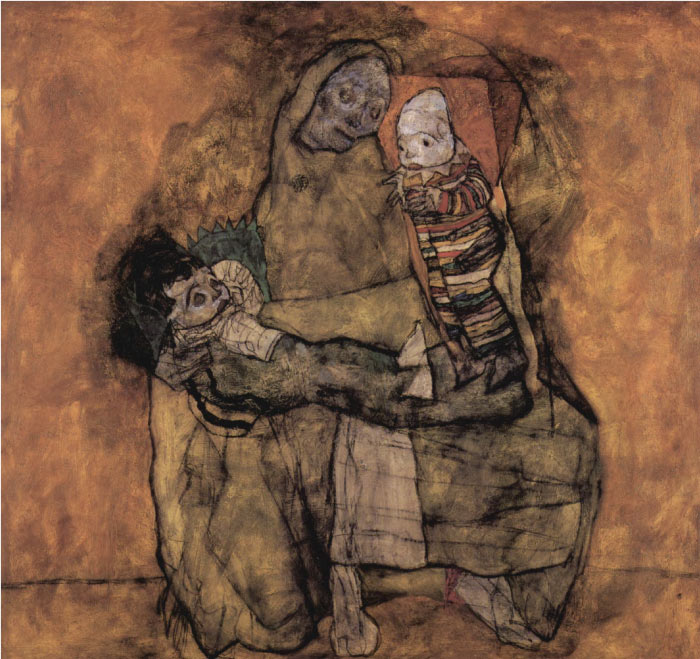 埃贡·席勒（ Egon Schiele）高清作品-《带两个孩子的母亲》