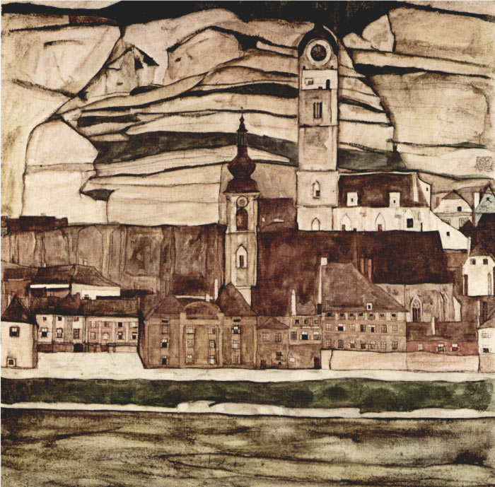 埃贡·席勒（ Egon Schiele）高清作品-多瑙河上有梯田的葡萄园